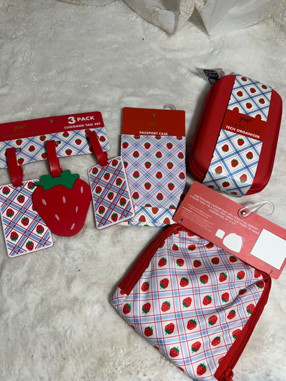 Dabney Lee strawberry luggage bundle with tags, tech organizer, bag, passport